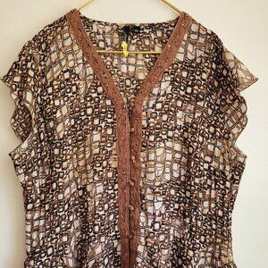 Essential by milano women short sleeve size XL button brown polyester su…
